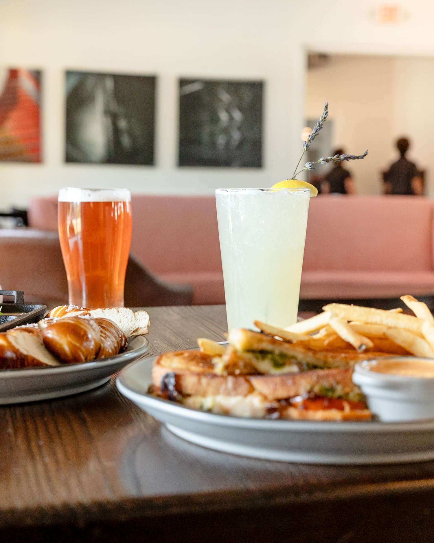 Lunch and colorful drinks around a table