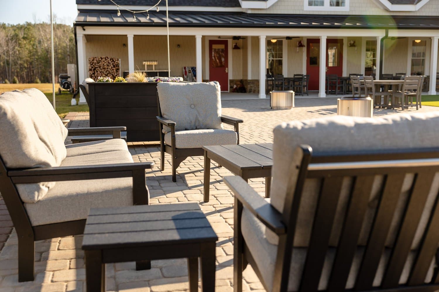 Outdoor lounge seating facing the Hidden Wit building
